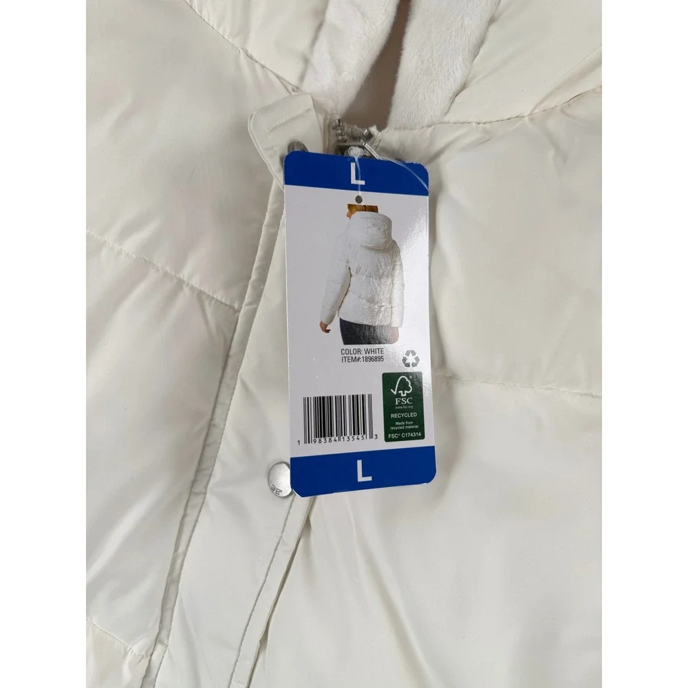 32 Degrees Heat Womens White Faux Fur Lined Hooded Puffer Jacket 1896895 L